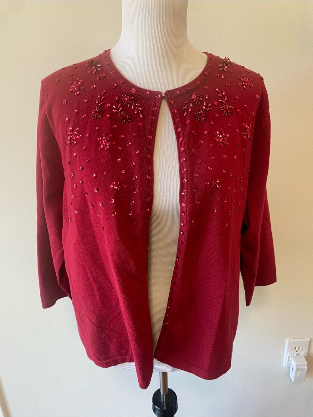 Vintage Red Beaded Sequin Embellished Open-Front Cardigan Sweater – 3/4 Sleeve